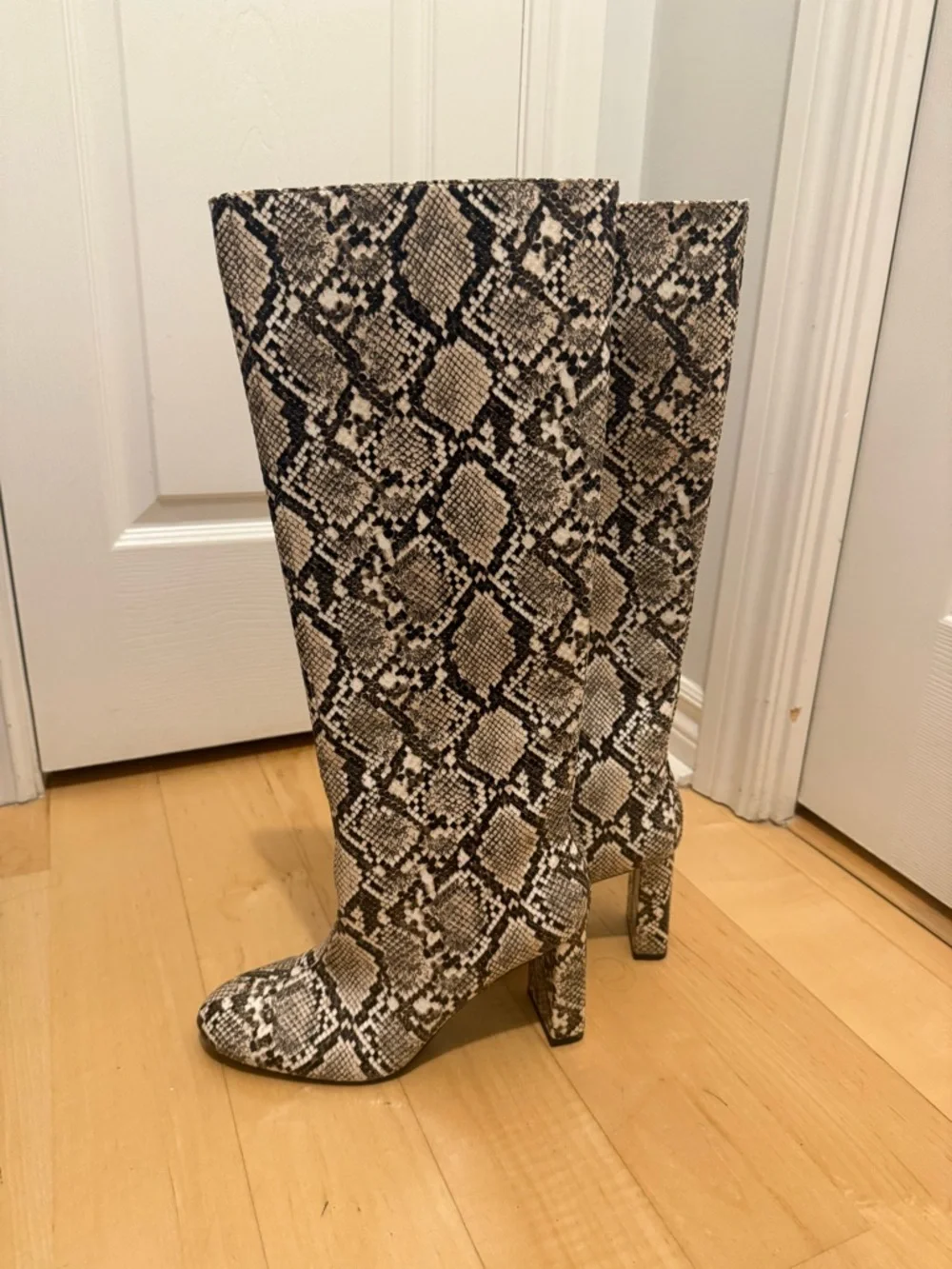 Zara Snake-Print Knee-High Boots in Black and Cream - Picture 1 of 4